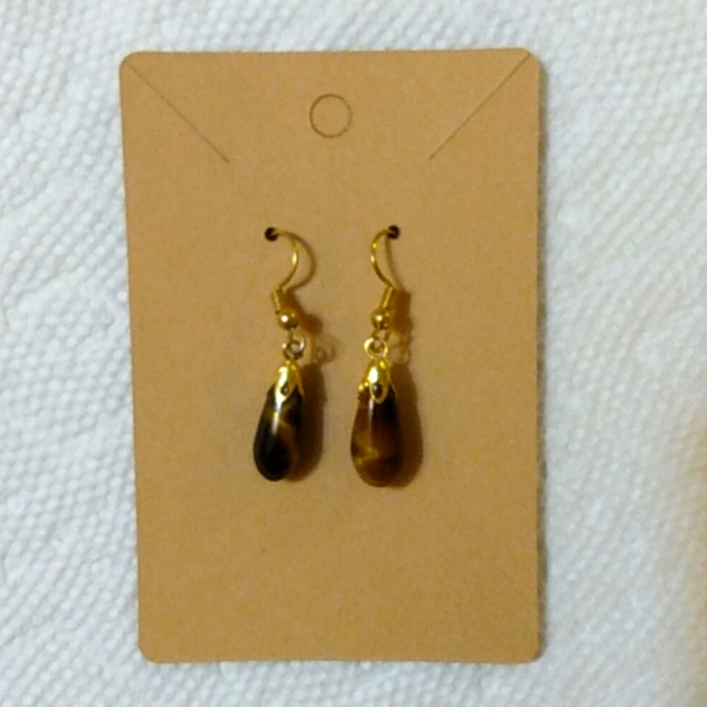 *3/$20* New Vintage Tiger's Eye Gem Stone pierced teardrop dangle ea…